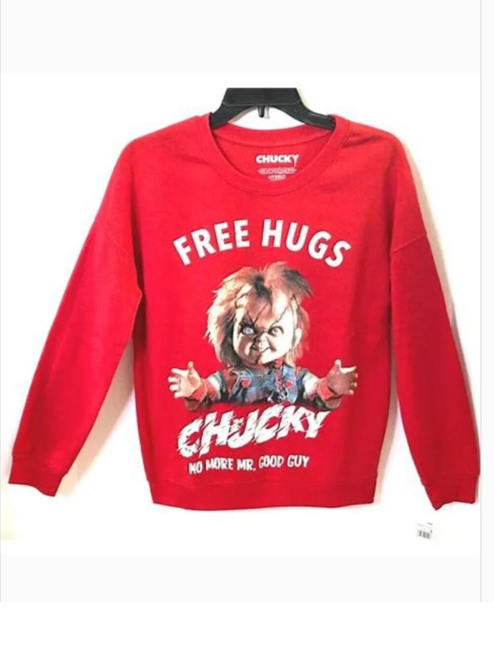 Chucky Halloween Sweatshirt Red Small "FREE HUGS" No More Mr Good Guy Womens